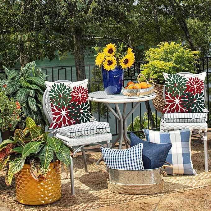 DFXSZ Outdoor Pillow Covers 18x18 Inch Set of 2 Red Green Flower Decorative Waterproof Summer Outdoor Pillow Covers for Patio Funiture Garden Couch 168P18
