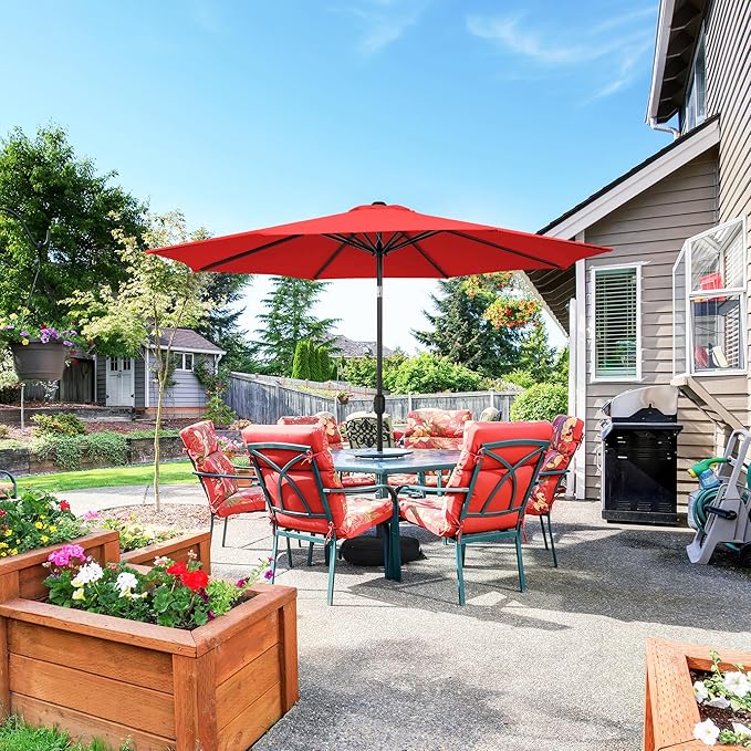 Sundale Outdoor 10 ft Patio Umbrella with Sand Bag Umbrella Base Included, Outdoor Umbrella with Tilt and Crank, Red