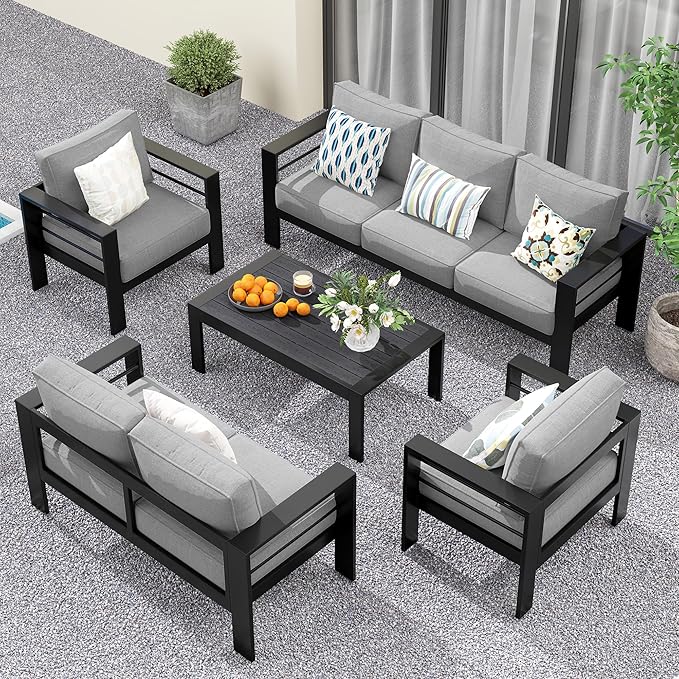 Solaste Aluminum Patio Furniture Set for All Weather, Oversized Metal Outdoor Furniture Set with 27.5" Deep Seating and 3.2" Wide Armrest, Patio Conversation Set with 5" Cushion, Black and Grey