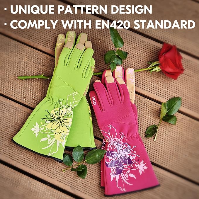 Vgo... 1-Pair Ladies' Synthetic Leather Gardening Gloves, Long Sleeves Gauntlet, Breathable & Grip Work Gloves, High Dexterity, Washable (Size L, Green, SL7445)