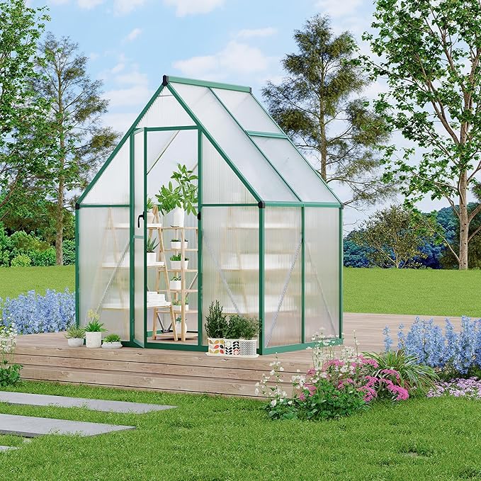 6X4 ft Polycarbonate Greenhouse with Aluminum Frame, Polycarbonate Greenhouse for Outdoors, Greenhouses with Ventilation, Aluminum Large Walk-in Greenhouses for Outside