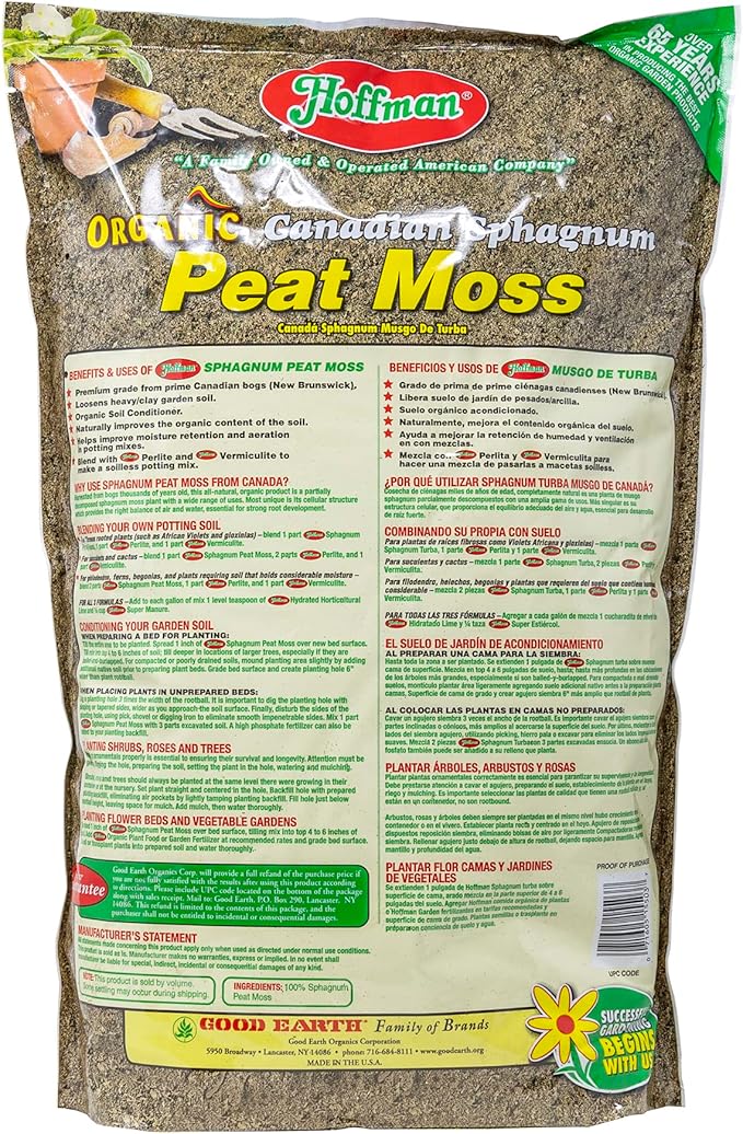 Hoffman Canadian Sphagnum Peat Moss Soil Conditioner to Improve Moisture Retention and Aeration, 10qt Bag, Pack of 3