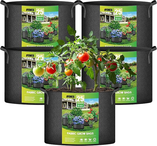 iPower 5-Pack 25 Gallon Plant Grow Bags Thickened Nonwoven Aeration Fabric Pots Heavy Duty Durable Container, Strap Handles for Garden, Black