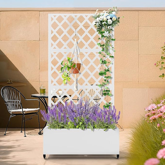 Metal Planter Box with Trellis, Heavy-Duty Raised Garden Bed for Climbing Plants, Drainage Hole, Outdoor Planter Box with Privacy Screen,35''L×16''W×71''H