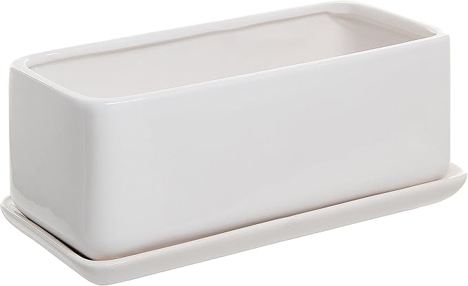 MyGift 14 Inch Modern Unglazed White Ceramic Indoor Plant Pot with Drainage Hole, Rectangular Succulent Planter Window Box with Removable Saucer, White (10 inch, 1, Piece)