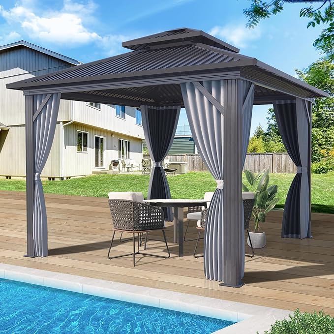 10 X 10ft Hardtop Gazebo, Galvanized Steel Double Roof Gazebo with Nettings and Curtain Outdoor Aluminum Frame Vertical Stripes Roof Permanent for Patio, Backyard, Lawns