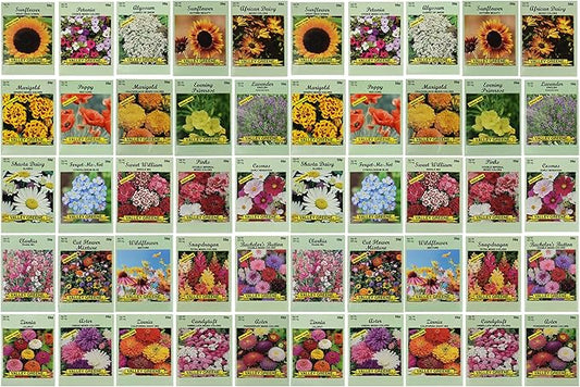 Set of 50 Flower Seed Packets! Flower Seeds in Bulk, 15 or More Varieties Available!
