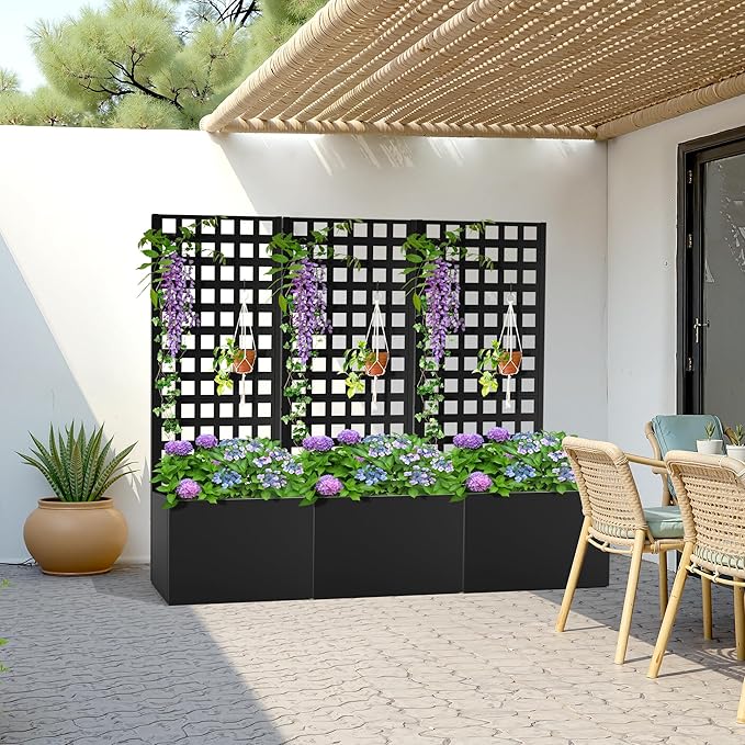 Metal Planter Box with Trellis, Heavy-Duty Raised Garden Bed for Climbing Plants, Drainage Hole, Outdoor Planter Box with Privacy Screen,24''L×12''W×63''H