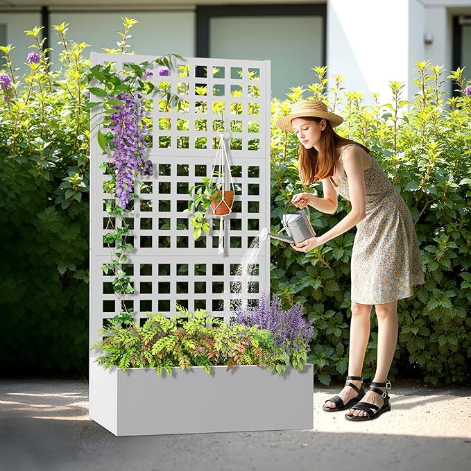 Metal Planter Box with Trellis, Heavy-Duty Raised Garden Bed for Climbing Plants, Drainage Hole, Outdoor Planter Box with Privacy Screen,35''L×16''W×71''H