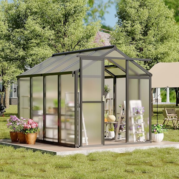 6x8 FT Greenhouse, Easy Assembly Aluminum Polycarbonate Greenhouses for Outdoors with Roof Vent and Ground Nails, Heavy Duty Aluminum Walk-in Greenhouse for Backyard, Sliding Lockable Door, Black