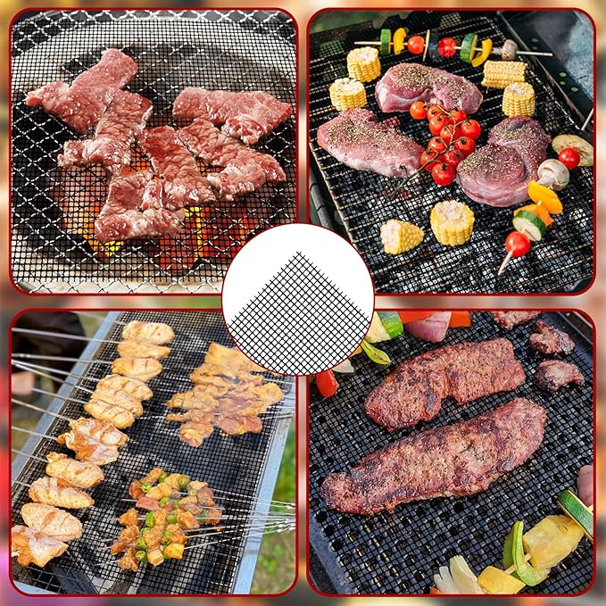 Grill Mesh Mat Set of 6, Non Stick BBQ Grill mats, Heavy Duty Grilling mats Barbecue Grill Accessories, Reusable and Easy to Clean, Works on Gas, Charcoal, Pellet Grill and More, 15.75 x 13inch, Black