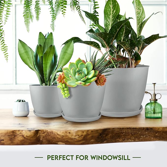 Utopia Home - Plant Pots Indoor with Drainage - 7/6.6/6/5.3/4.8 Inches Home Decor Flower Pots for Indoor Planter - Pack of 5 Plastic Planters for Indoor Plants, Cactus, Succulents Pot - Gray