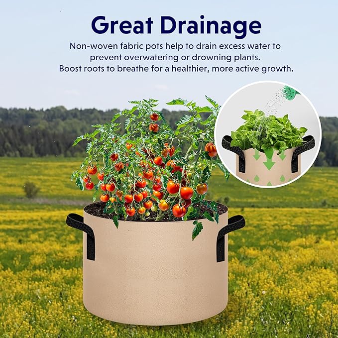 iPower 5-Pack 5 Gallon Plant Grow Bags Thickened Nonwoven Aeration Fabric Pots Heavy Duty Durable Container, Strap Handles for Garden, Tan New