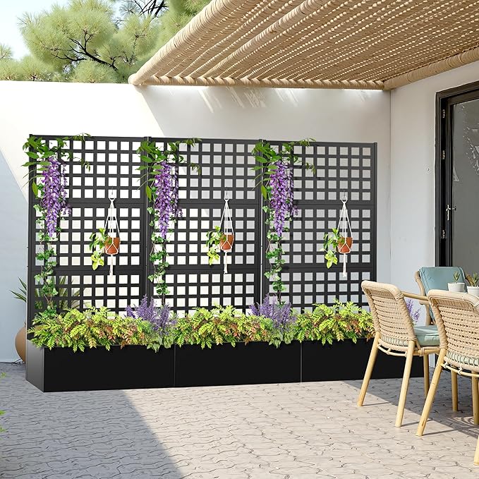 Metal Planter Box with Trellis, Heavy-Duty Raised Garden Bed for Climbing Plants, Drainage Hole, Outdoor Planter Box with Privacy Screen,35''L×16''W×71''H