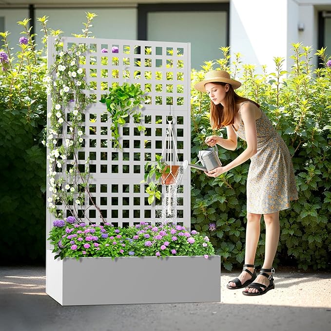 Metal Planter Box with Trellis, Heavy-Duty Raised Garden Bed for Climbing Plants, Drainage Hole, Outdoor Planter Box with Privacy Screen,47''L×16''W×71''H
