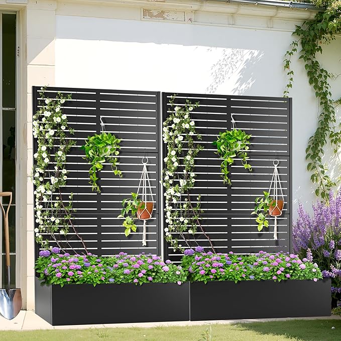 Metal Planter Box with Trellis, Heavy-Duty Raised Garden Bed for Climbing Plants, Drainage Hole, Outdoor Planter Box with Privacy Screen,47''L×16''W×71''H