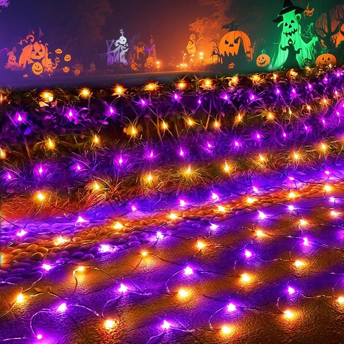 Halloween Net Lights Outdoor Decoration, 14.8x4.9 ft 300LED Orange Purple Halloween Lights 8 Modes Connectable Twinkle Fairy Mesh Light for Bushes Tree Party Yard Garden Decoration