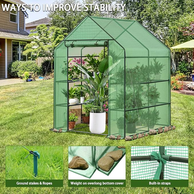 Greenhouse, 56 x 56 x 76'' Heavy Duty Greenhouses for Outdoors, Green House with Roll-Up Door Thicken PE Cover, Portable Walk-in Green Houses for Outside with 3 Tier 8 Shelves