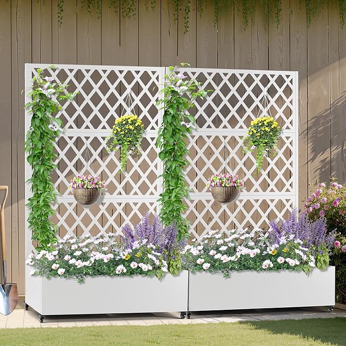 Metal Planter Box with Trellis, Heavy-Duty Raised Garden Bed for Climbing Plants, Drainage Hole, Outdoor Planter Box with Privacy Screen,47''L×16''W×71''H