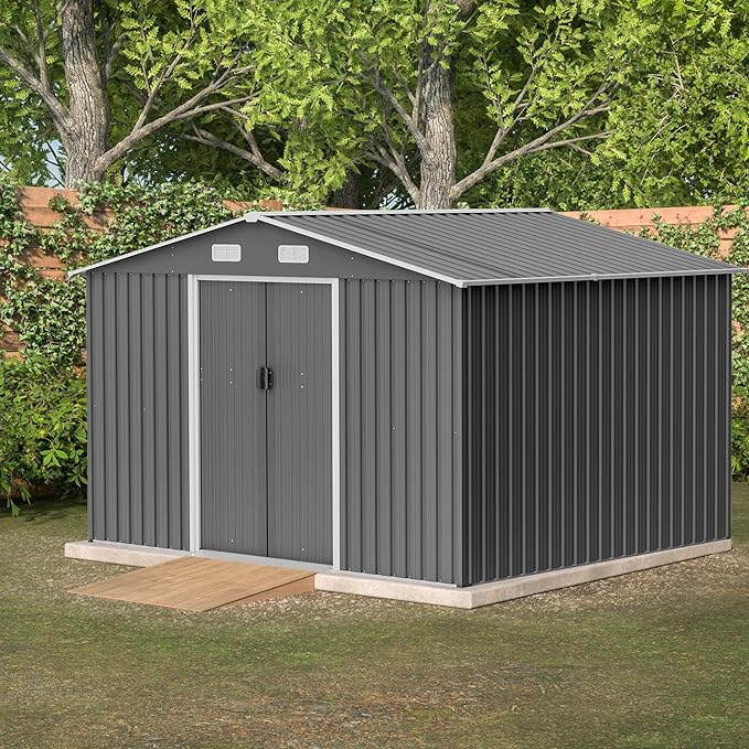 10X8 FT Outdoor Tool Storage Shed with Metal Foundation & Lockable Doors, All Weather Metal Sheds for Garden, Patio, Backyard, Lawn, Gray