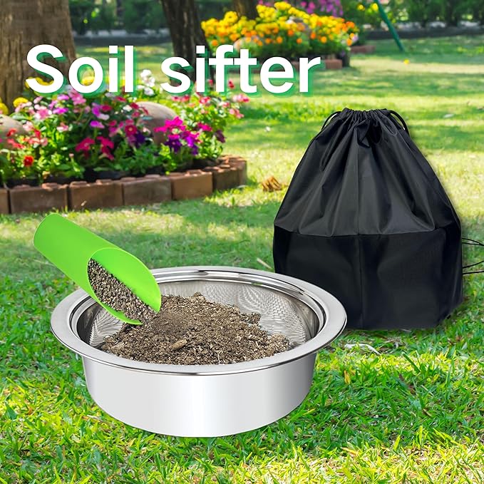 Soil Sifter for Gardening, Stainless Steel Sifting Pan Dirt Sifter, 9.5in Rock Sifter with 5 Sieve Mesh Filter Sizes(0.04",0.12",0.2",0.35",0.47")