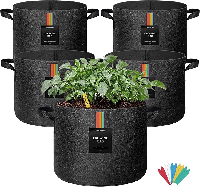 The Growing 5 Pack 20 Gallon Fabric Grow Bags,Thickened Aeration Nonwoven Fabric Plant Pots with Durable Handles,Heavy Duty 300G Planter Pot for Tomato, Fruits, Vegetables and Flowers, Black