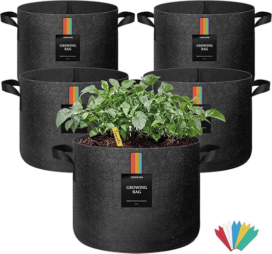 The Growing 5 Pack 20 Gallon Fabric Grow Bags,Thickened Aeration Nonwoven Fabric Plant Pots with Durable Handles,Heavy Duty 300G Planter Pot for Tomato, Fruits, Vegetables and Flowers, Black