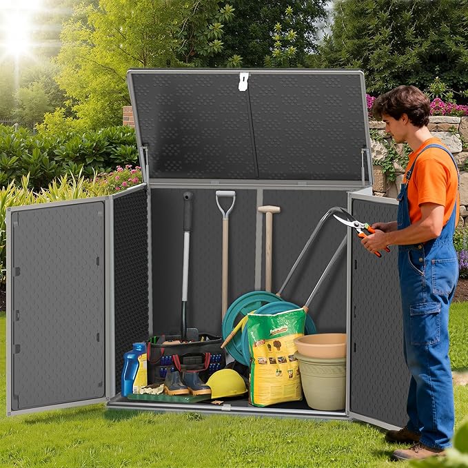 HUGROVE 49.5 Cu ft Storage Shed, 4.6 x 4.1 FT Outdoor Storage Horizontal Resin Shed, Weather Proof Water Proof PP Material, Lockable Door, Outdoor Storage Box for Trash Cans, Patio, Garden (4.6x4.1)