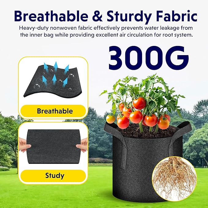 iPower 5 Pack 5 Gallon Grow Bags Heavy Duty 300G Thickened Nonwoven Fabric Plant Pots with 5 Labels & Handles for Outdoor Garden, Aeration Planter Bags for Fruits, Vegetables, Tomato & Flowers, Black