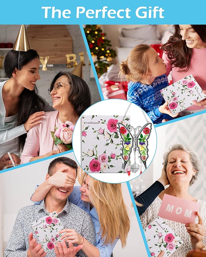 KY&BOSAM Gifts for Mom Butterfly Suncatcher Mom Gifts Mothers Day I Love You Mom Stained Glass Sun Catcher for Window Hangings Wind Chime Ornament Birthday Gift for Mother`s Day Valentine`s Christmas