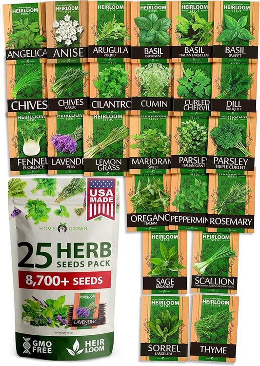 HOME GROWN 25 Herb Seeds Pack | 8700+ Heirloom Seeds | Indoor & Outdoor Planting | Culinary Herb Seeds Variety Pack | Perfect for Hydroponic Gardens | Arugula, Basil, Lavender & More