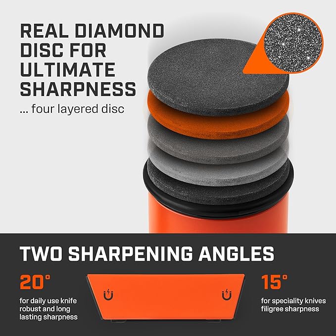 TUMBLER Pro Rolling Knife Sharpener™ - Knife Sharpening Made Easy - Rolling Knife Sharpening Kit with Removable Disc System - Includes 4-Layer Diamond Sharpening Disc & EdgeBoost Ceramic Disc (Orange)