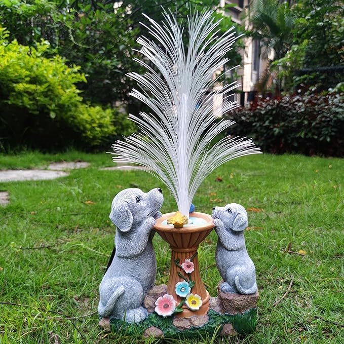 Solar Dog Statues Garden Decor with LED Lights -Resin Dogs Figurines Lights and Colour Changing Fiber Optical Light, Outdoor Decorations for Patio Yard Lawn Ornaments-Gifts for Housewarming
