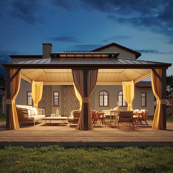 YOLENY 12' x 18' Hardtop Gazebo, Metal Gazebo with Aluminum Frame, Double Galvanized Steel Roof, Curtains and Netting Included, Metal Gazebos Pergolas for Patios, Garden, Parties, Lawns