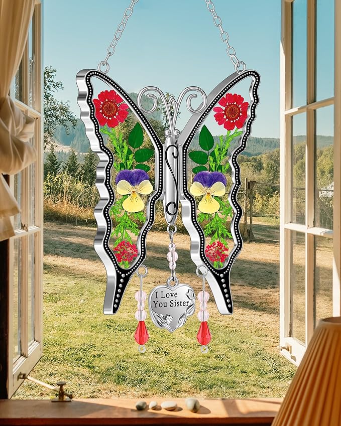 KY&BOSAM Butterfly Suncatcher I Love You Sister Stain Glass Suncatchers for Window Hanging Wind Chime Pressed Flower Between Wings and Charm Birthday Gifts for Women Mother's Day Valentine's Christmas
