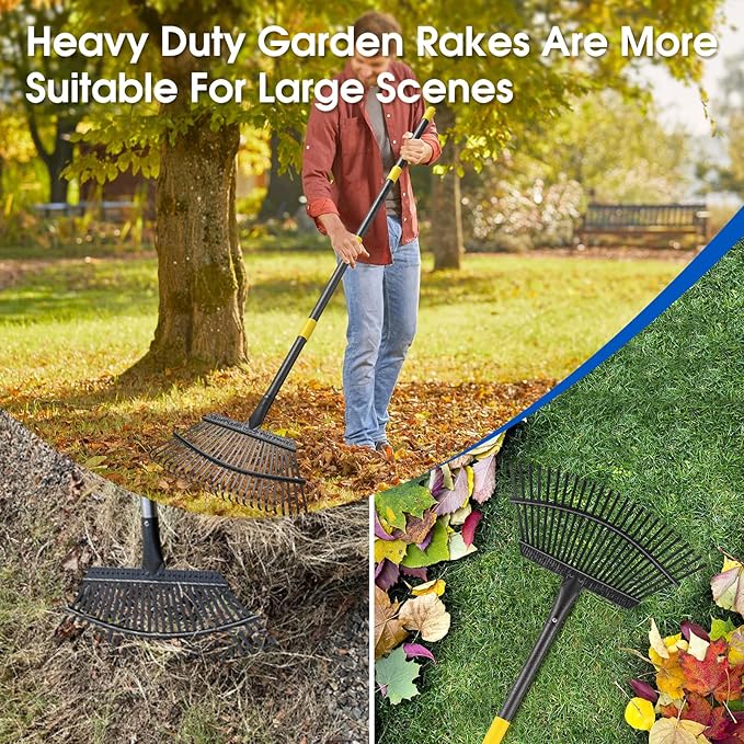 65 Inch Rake for Leaves, Rakes for Lawns Heavy Duty Hoe Lawns Leaf Lawn Leveling Rake Yard Tools for Picking up Leaves, Grass Clippings, Garbage with 25 Metal Tines Ergonomics Adjustable Handle