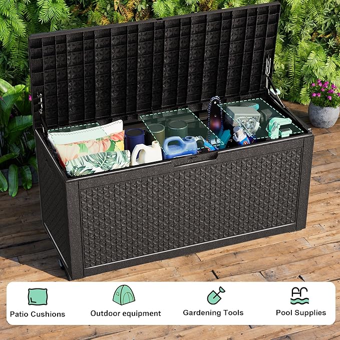 EasyUp 120 Gallon Outdoor Storage Box Waterproof, UV Resistant Resin Deck Box with Hydraulic Rod, Reinforced Stability for Patio, Garden, Quad Leaf Black