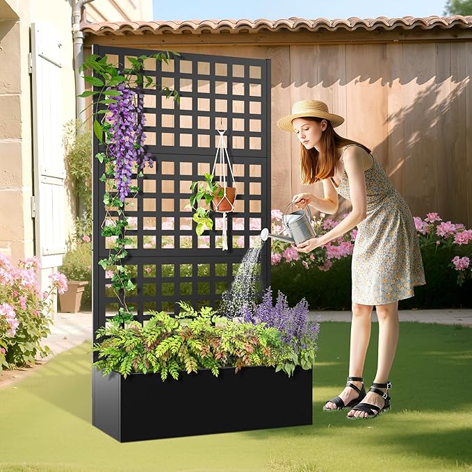 Metal Planter Box with Trellis, Heavy-Duty Raised Garden Bed for Climbing Plants, Drainage Hole, Outdoor Planter Box with Privacy Screen,35''L×16''W×71''H