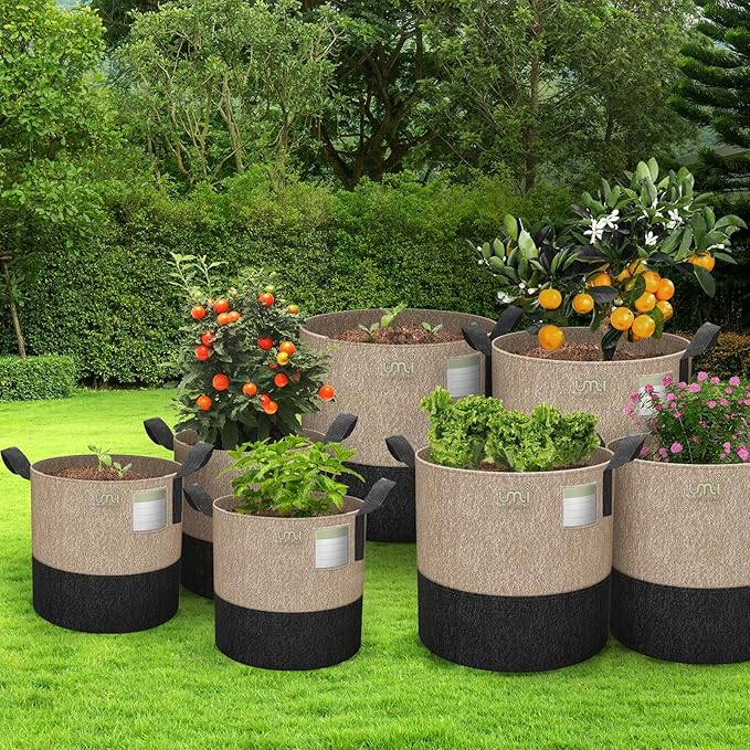 UMIG 12 Pack 7 Gallon Grow Bags, 300G Thick Non-Woven Fabric Cloth Smart Planter Pots with Handles, Black Camel Large Outdoor Garden Bags for Plants, Vegetable, Flowers