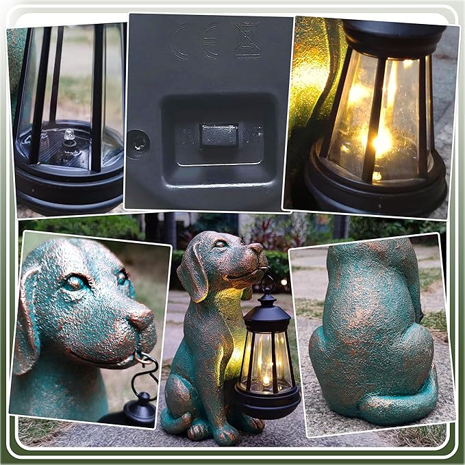 Dog Garden Statue Outdoor Décor with Solar Lights Lantern,Dog Solar Light Figurines Outside Decorations for Yard,Lawn ,Patio, Balcony, Unique Housewarming Gifts
