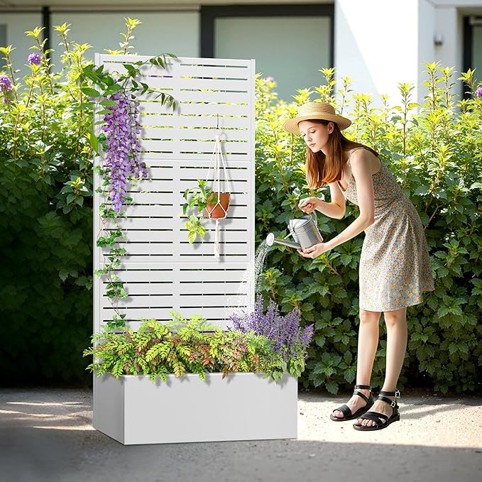 Metal Planter Box with Trellis, Heavy-Duty Raised Garden Bed for Climbing Plants, Drainage Hole, Outdoor Planter Box with Privacy Screen,35''L×16''W×71''H