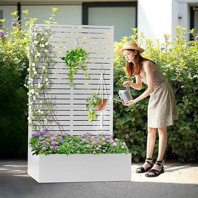 Metal Planter Box with Trellis, Heavy-Duty Raised Garden Bed for Climbing Plants, Drainage Hole, Outdoor Planter Box with Privacy Screen,47''L×16''W×71''H