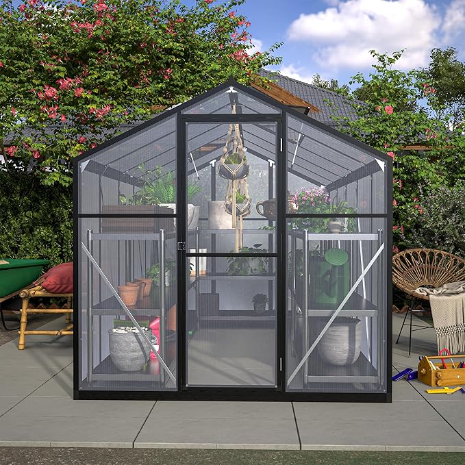 Favfurish 6x10 FT Greenhouses for Outdoors,Heavy Duty Polycarbonate Greenhouse,Lockable Walk-in Green House Sunroom w/ Roof Vent,Aluminum Hot House for Garden Plants Backyard Patio,Black