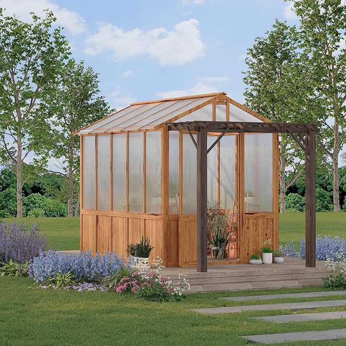 8x13FT Greenhouse Kit with Pergola, Wooden Greenhouse with Cedar Frame, Outdoor Wood Greenhouses with Roof Vent, Wood and Polycarbonate Walk-in Greenhouses