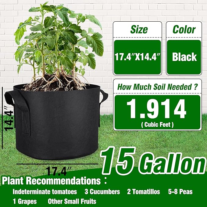 PHYEX 12-Pack 15 Gallon Grow Bags, Thickened 300G Nonwoven Fabric Pots with Reinforced Handles, Planting Bags for Healthy Root Growth, Vegetables, and Flowers, Come with 12 Pcs Plant Labels