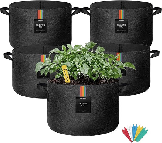 The Growing 5 Pack 7 Gallon Fabric Grow Bags,Thickened Aeration Nonwoven Fabric Plant Pots with Durable Handles,Heavy Duty 300G Planter Pot for Tomato, Fruits, Vegetables and Flowers, Black