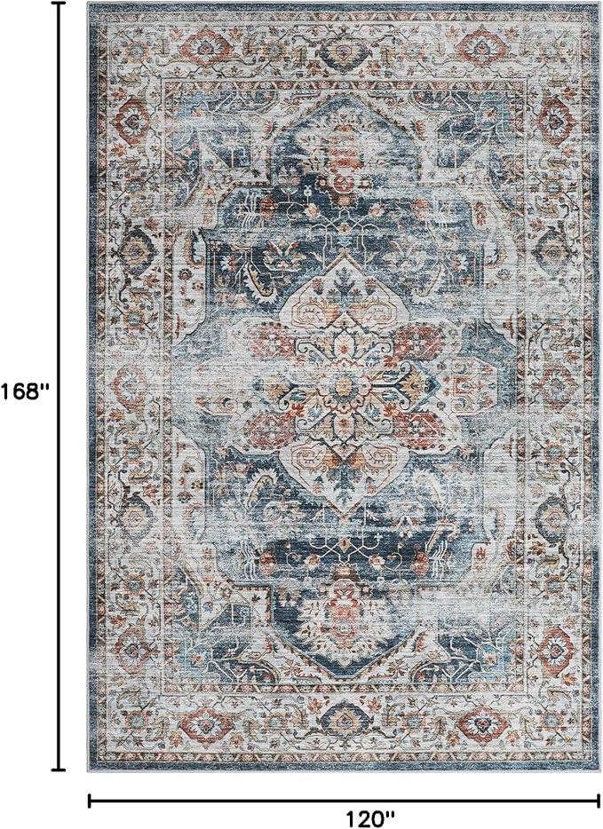 10x14 Area Rugs,Ultra-Thin Washable Rugs for Living Room,Non-Slip Lightweight Foldable Area Rug,Stain Resistant Vintage Large Rugs (Navy,10'x14')