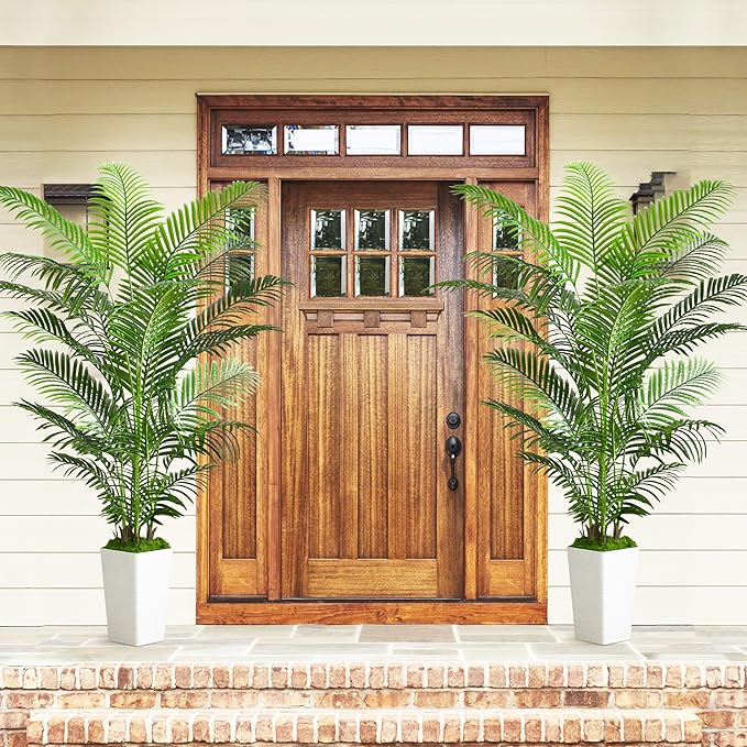 Artificial Palm Tree Artificial Silk Plant Fake Tree with White Tall Planter Faux Tropical Areca Floor Plant in Pot (1, White Tall Planter, 6 FT)