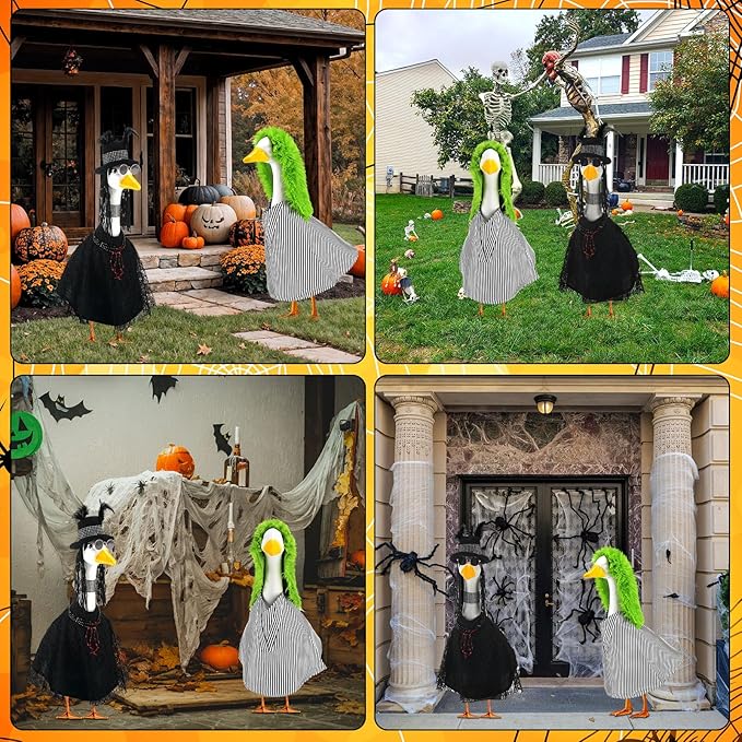 Abbylike 2 Set Halloween Goose Outfits 2024 Movie Juice Clothes Black and White Striped Cape with Green Fur Headgear Fit 23''