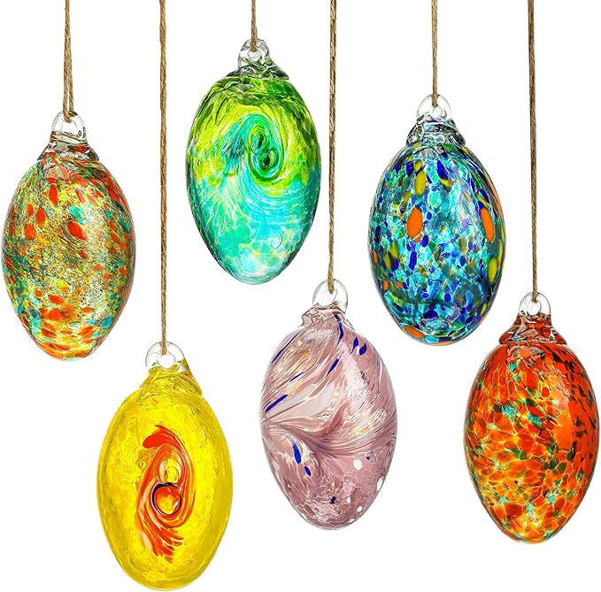 6PCS Hand Blown Glass Egg Ornaments Colorful Hanging Ornament Balls Gazing Ball Friendship Ball Decor for Garden Patio Window Christmas Tree